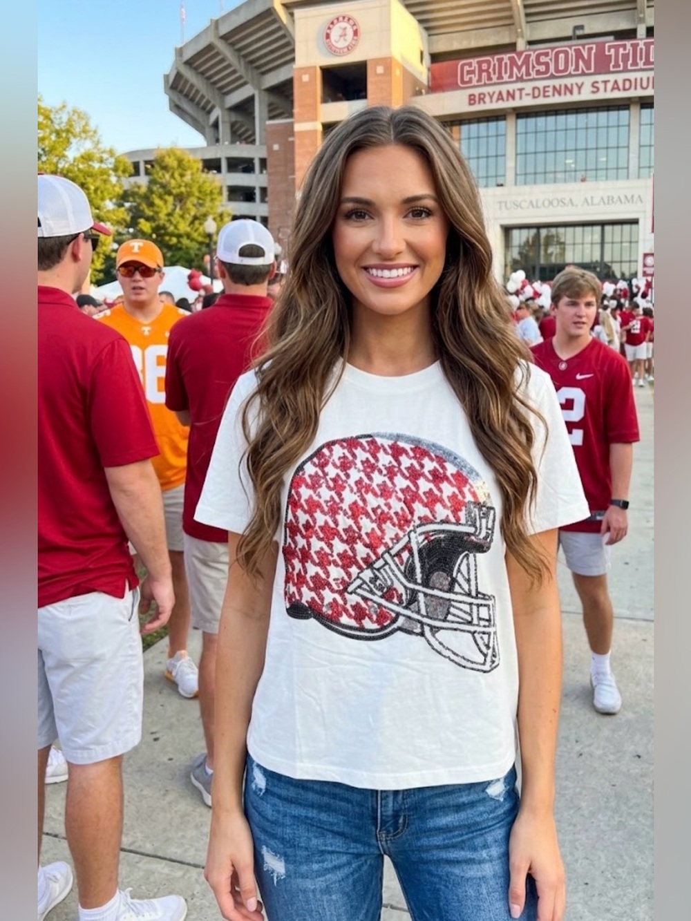 NWT! QUEEN OF SPARKLES Sequin Houndstooth Crimson Tide Short Sleeve Tee